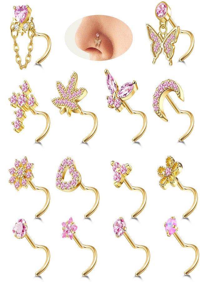Drperfect Gold Nose Rings Nose Studs for Women Nose Piercings 20G Corkscrew Dangle Nose Rings Studs Simulated Diamond Pink CZ Opal Dangling Dangly Hanging Nose Piercing Jewelry with Heart Star Butterfly Flower Cross Moon Charm Cute Dainty Nose Jewelry - Image 1